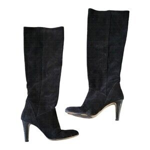 The Office Black Suede Leather Knee High Heeled Boots Size 38 Made in Spain